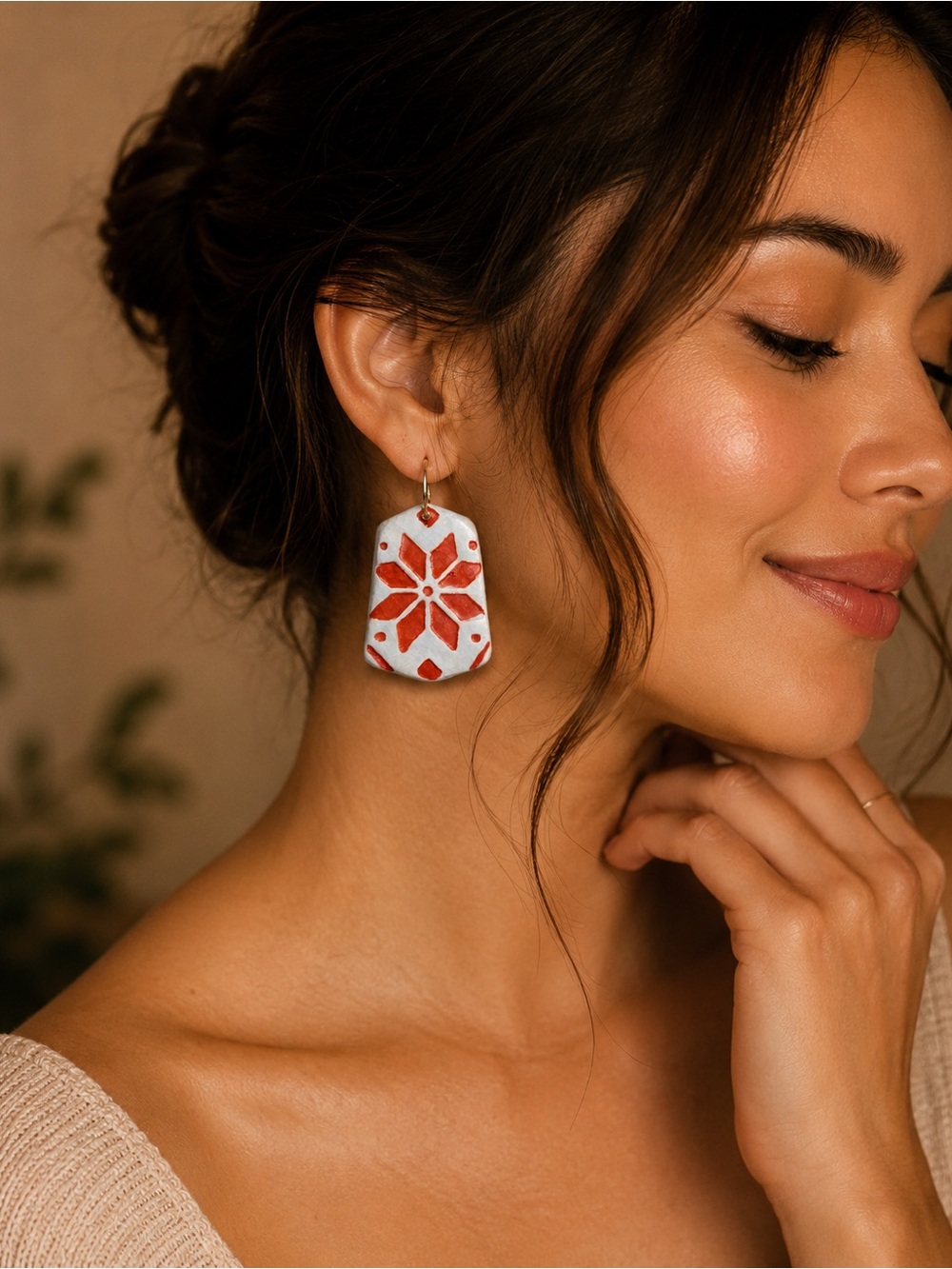 Handmade White & Terracotta Geometric Floral Earrings